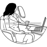 Afro Woman Executive Lap Top Flying First Class Wine Black Girl Magic Sexy Long Hairstyle B/W SVG JPG PNG Designs Cricut Silhouette Cutting