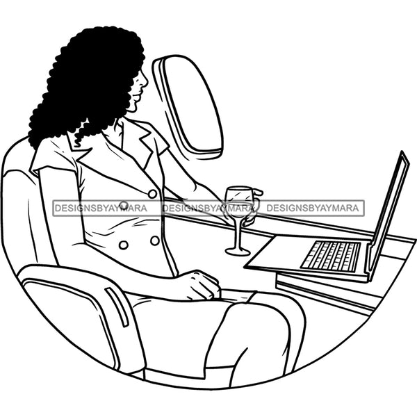 Afro Woman Executive Lap Top Flying First Class Wine Black Girl Magic Sexy Long Hairstyle B/W SVG JPG PNG Designs Cricut Silhouette Cutting