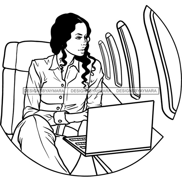 Afro Woman Executive Lap Top Flying First Class Black Girl Magic Long Hairstyle B/W SVG JPG PNG Designs Cricut Silhouette Cutting