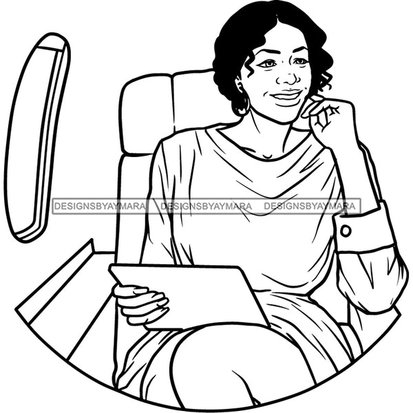 Afro Woman Executive Lap Top Flying First Class Black Girl Magic Short Hairstyle B/W SVG JPG PNG Designs Cricut Silhouette Cutting