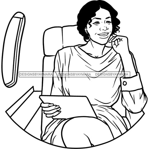 Afro Woman Executive Lap Top Flying First Class Black Girl Magic Short Hairstyle B/W SVG JPG PNG Designs Cricut Silhouette Cutting