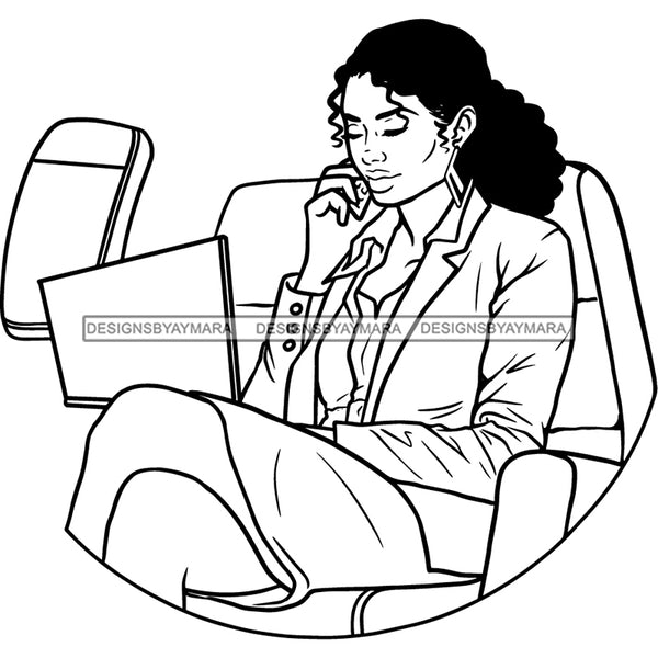 Afro Woman Executive Lap Top Flying First Class Talking Cell Black Girl Magic Curly Hairstyle B/W SVG JPG PNG Designs Cricut Silhouette Cutting