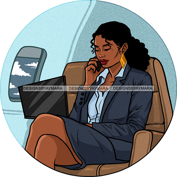 Flight Flying Airplane Airport Black Woman Seated Gray Suit Cellphone Mobile Tablet Computer Laptop Trip Flight Attendant Skillz JPG PNG  Clipart Cricut Silhouette Cut Cutting