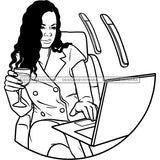 Afro Woman Executive Lap Top Flying First Class Drinking Wine Black Girl Magic Long Curly Hairstyle B/W SVG JPG PNG Designs Cricut Silhouette Cutting