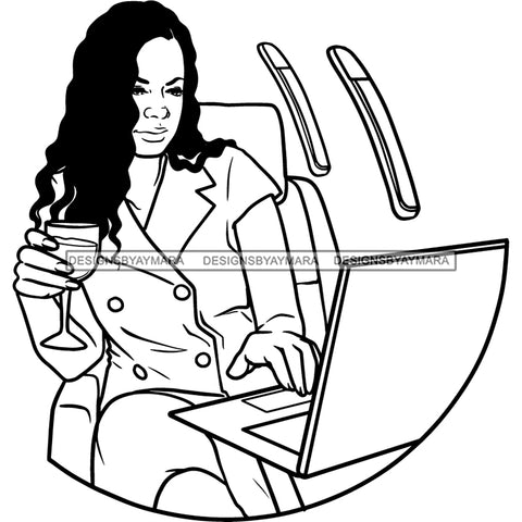 Afro Woman Executive Lap Top Flying First Class Drinking Wine Black Girl Magic Long Curly Hairstyle B/W SVG JPG PNG Designs Cricut Silhouette Cutting