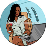 Flight Flying Airplane Airport Black Woman Seated Gray Dress Computer Laptop Trip Glass Wine Drink Flight Attendant Skillz JPG PNG  Clipart Cricut Silhouette Cut Cutting
