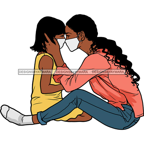 Mother Child Daughter Sitting Wearing Mask Hugs Jeans Socks Long Ponytail Family Parent Children Graphic  Skillz JPG PNG  Clipart Cricut Silhouette Cut Cutting