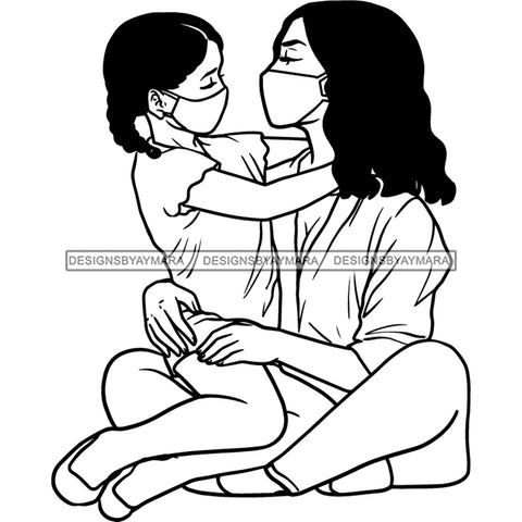 Mom Daughter Love Hugging Strong Relationships Motherhood Face Mask Protection B/W SVG JPG PNG Designs Cricut Silhouette Cut Cuttings