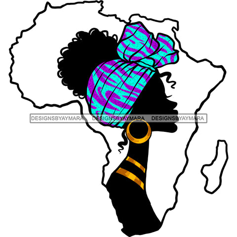 African Art Woman Headwrap Blue Purple Fabric Headwrap Gold Earring Necklace Africa Continent Outline Graphic  Skillz JPG PNG  Clipart Cricut Silhouette Cut Cutting