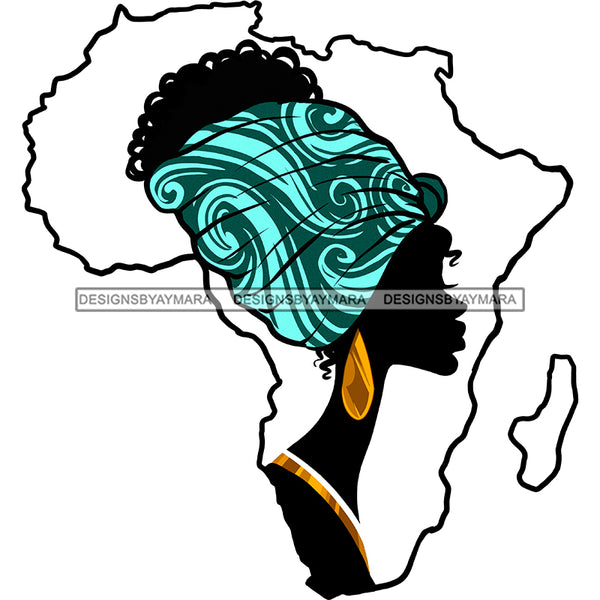 African Art Woman Headwrap Green Paisley Fabric Headwrap Gold Earring Necklace Africa Continent Outline Graphic  Skillz JPG PNG  Clipart Cricut Silhouette Cut Cutting