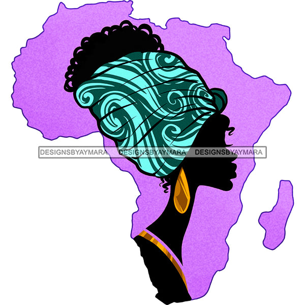 African Art Woman Headwrap Green Paisley Fabric Headwrap Gold Earring Necklace Purple African Continent Graphic  Skillz JPG PNG  Clipart Cricut Silhouette Cut Cutting