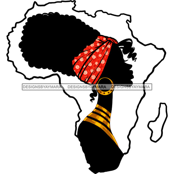 African Art Woman Red Pink Head Wrapped Head Covering Gold Earrings Gold Necklace African Continent Outline Graphic  Skillz JPG PNG  Clipart Cricut Silhouette Cut Cutting