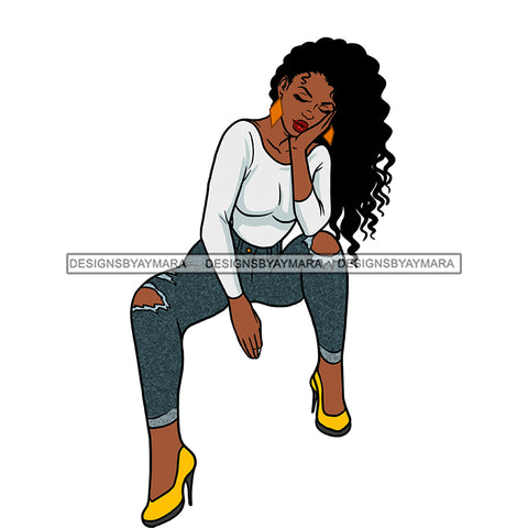 Wavy Haired Black Woman Ripped Jeans Yellow Heels Head Leaning Hand Sitting Gold Earrings Graphic  Skillz JPG PNG  Clipart Cricut Silhouette Cut Cutting