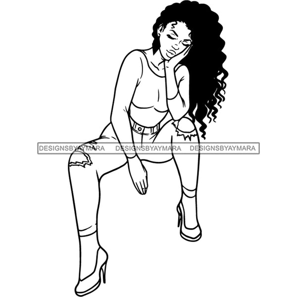 Afro Woman Posing Worried Sad Facial Expression Black Girl Magic Long Curly Hairstyle B/W SVG JPG PNG Designs Cricut Silhouette Cutting