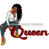 Queen With Wavy Haired Black Woman Ripped Jeans Yellow Heels Head Leaning Hand Sitting Gold Earrings Graphic  Skillz JPG PNG  Clipart Cricut Silhouette Cut Cutting