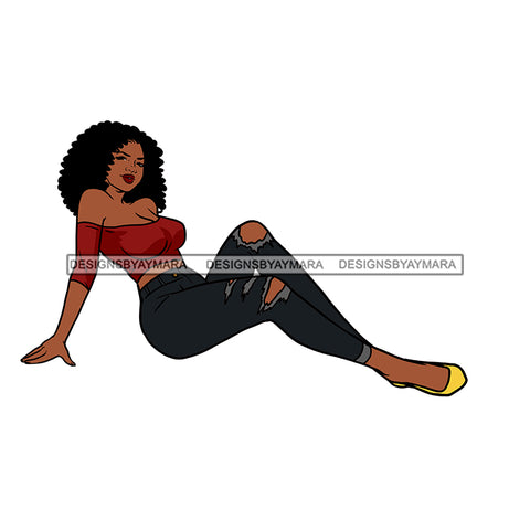 Wavy Haired Black Woman Ripped Jeans Yellow Heels Halter Top Posing Laying Down Sitting Gold Earrings Graphic  Skillz JPG PNG  Clipart Cricut Silhouette Cut Cutting