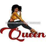 Black Woman Sitting On Red Glitter Queen Word Ripped Torn Jeans Gold Heels Gold Top Curly Hair Graphic  Skillz JPG PNG  Clipart Cricut Silhouette Cut Cutting