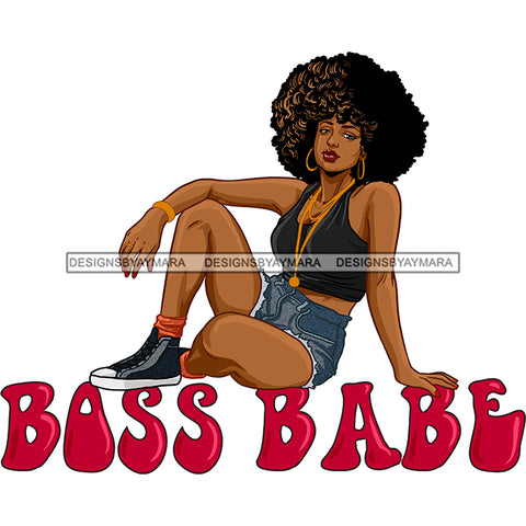 Big Afro Wearing Black Sister Sitting On Boss Babe Word Image Red Glitter Jean Shorts High Top Sneakers Gold Necklace Halter Quote Graphic  Skillz JPG PNG  Clipart Cricut Silhouette Cut Cutting