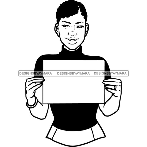 Afro Woman Holding Banner Logo Sign Earrings Short Hairstyle B/W SVG PNG JPG Cutting Files For Silhouette Cricut and More