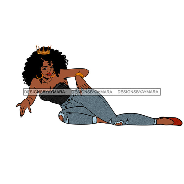 Sexy Black Sister Laying Down Posing Ripped Torn Jeans Red Shoes Queen Crown Gold Necklace Halter Quote Graphic  Skillz JPG PNG  Clipart Cricut Silhouette Cut Cutting