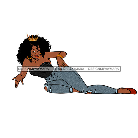 Sexy Black Sister Laying Down Posing Ripped Torn Jeans Red Shoes Queen Crown Gold Necklace Halter Quote Graphic  Skillz JPG PNG  Clipart Cricut Silhouette Cut Cutting