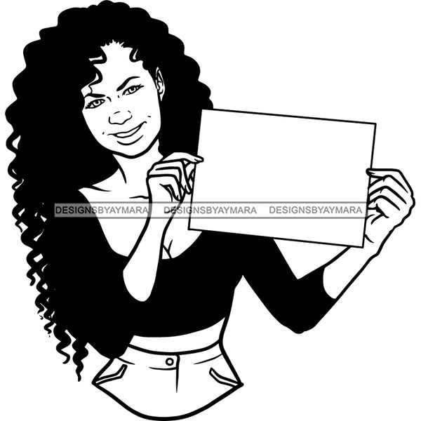 Afro Woman Holding Banner Logo Sign Earrings Long Curly Hairstyle B/W SVG PNG JPG Cutting Files For Silhouette Cricut and More