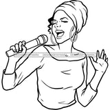 Afro Woman Singing Musical Talent Singer Artist Hoop Earrings Turban B/W SVG PNG JPG Cutting Files For Silhouette Cricut and More