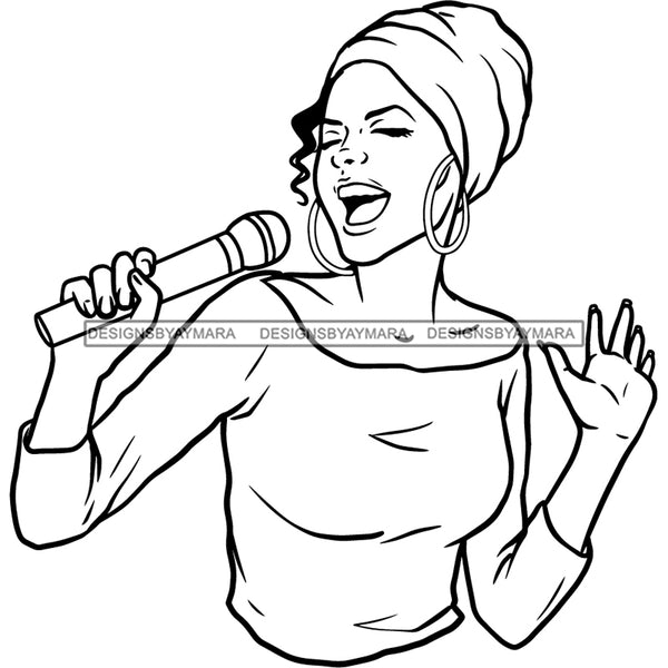 Afro Woman Singing Musical Talent Singer Artist Hoop Earrings Turban B/W SVG PNG JPG Cutting Files For Silhouette Cricut and More