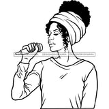 Afro Woman Singing Musical Talent Singer Artist Hoop Earrings Headwrap Up Do Hairstyle B/W SVG PNG JPG Cutting Files For Silhouette Cricut and More