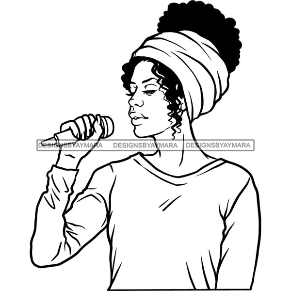 Afro Woman Singing Musical Talent Singer Artist Hoop Earrings Headwrap Up Do Hairstyle B/W SVG PNG JPG Cutting Files For Silhouette Cricut and More