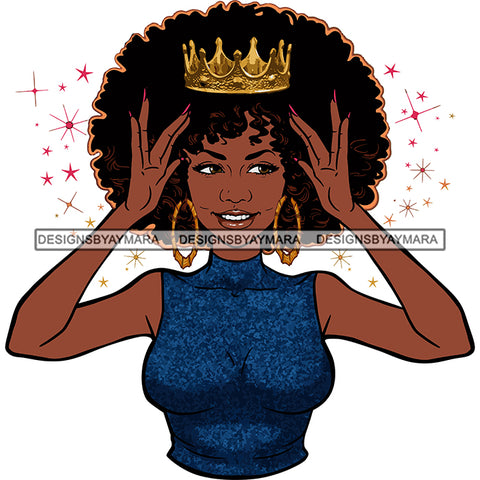 Afro Goddess Black Woman Crown In Afro Hair Blue Top Hands Holding Crown SVG Cutting Vector Files Artwork for Cricut Silhouette And More