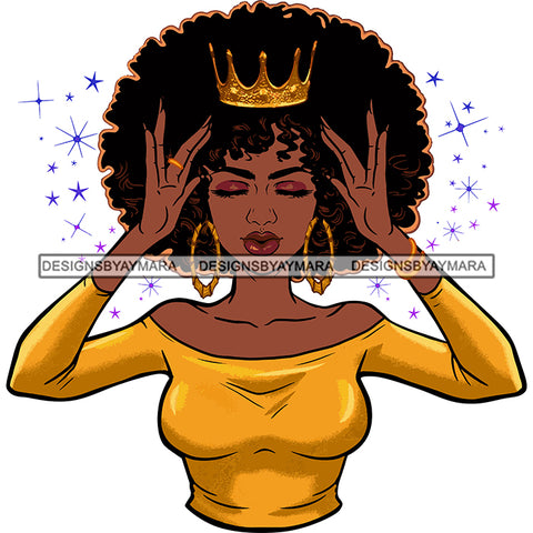 Afro Goddess Black Woman Crown In Afro Hair Gold Top Hands Holding Gold Crown SVG Cutting Vector Files Artwork for Cricut Silhouette And More