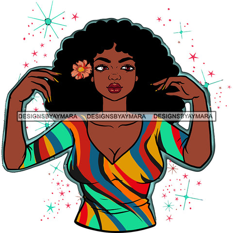 Afro Goddess Black Woman Flower In Long Hair Colorful Stripe Top SVG Cutting Vector Files Artwork for Cricut Silhouette And More