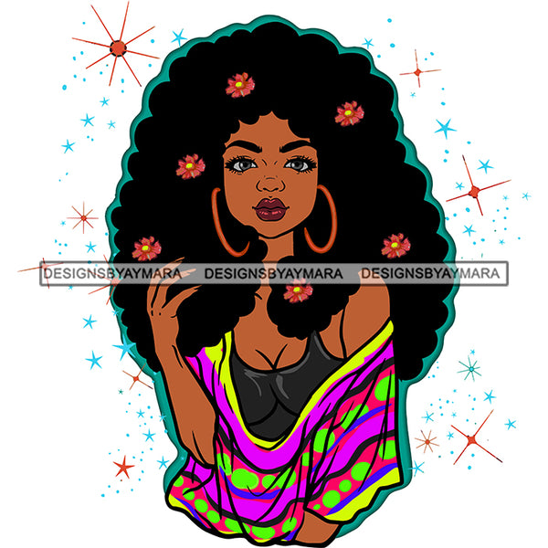 Afro Goddess Black Woman Long Afro Hair With Flowers Hoop Earrings Purple SVG Cutting Vector Files Artwork for Cricut Silhouette And More