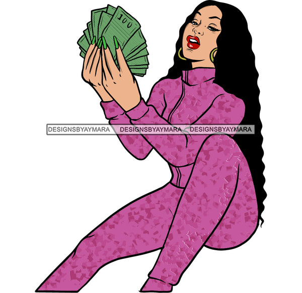 Afro Woman Goddess Hustler Money Maker Long Curly Hairstyle SVG JPG PNG Cutting Files For Silhouette Cricut