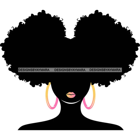 Black Silhouette Woman Afro Puffs Pink Yellow Hoops SVG JPG PNG Vector Clipart Cricut Silhouette Cut Cutting