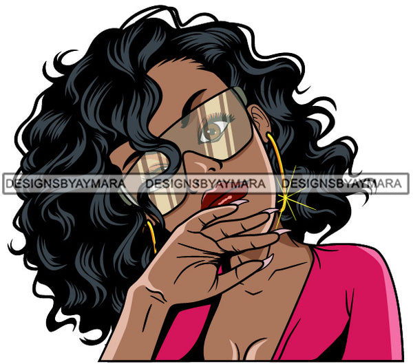 Afro Lola Woman Fashion Big Sunglasses Long Curly Black Hair Dark Pink Top  SVG Cutting Vector Files Artwork for Cricut Silhouette And More