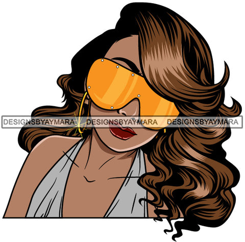 Afro Lola Woman Fashion Gold Yellow Sunglasses Shades Long Brown Curly Hair Gray Top  SVG Cutting Vector Files Artwork for Cricut Silhouette And More