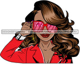 Afro Lola Woman Fashion Red Sunglasses Shades Long Brown Hair Red Jacket  SVG Cutting Vector Files Artwork for Cricut Silhouette And More