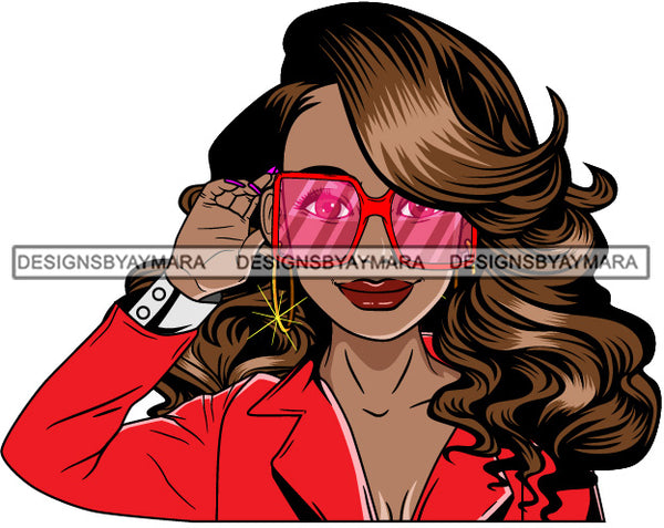 Afro Lola Woman Fashion Red Sunglasses Shades Long Brown Hair Red Jacket  SVG Cutting Vector Files Artwork for Cricut Silhouette And More