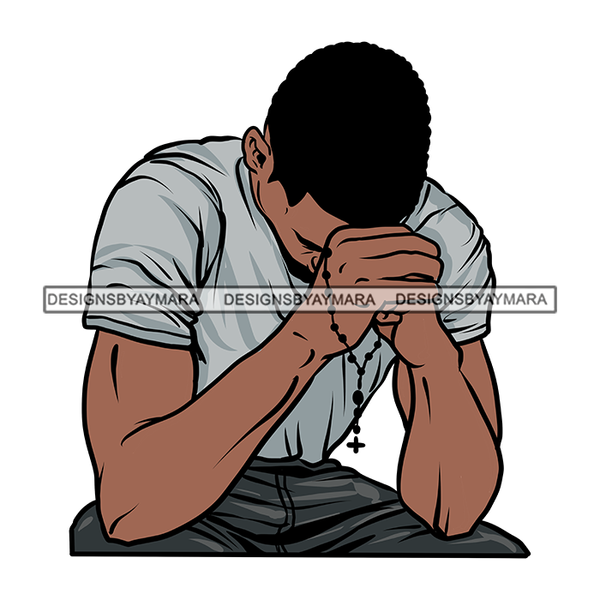 Black Man Praying Folded Hands Wearing T-shirt Pant American Melanin N ...