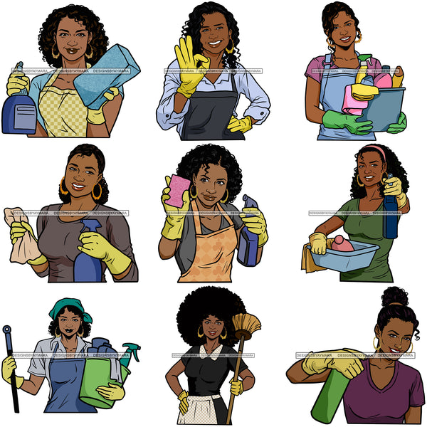 Bundle 9 Afro Woman Cleaning Service Cleaner Equipment Work Clean Worker Maid Housekeeper House Cleaning Home Hygiene Business SVG Cutting Files For Silhouette and Cricut