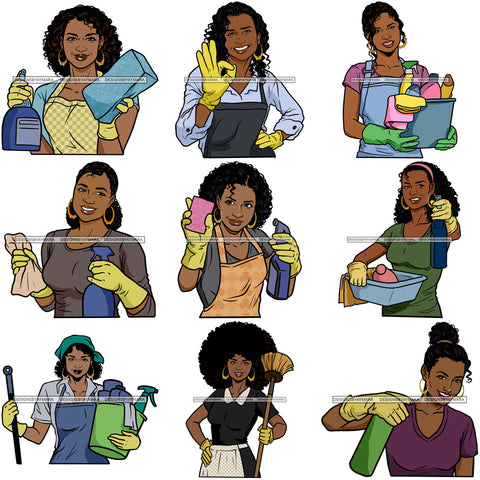 Bundle 9 Afro Woman Cleaning Service Cleaner Equipment Work Clean Worker Maid Housekeeper House Cleaning Home Hygiene Business SVG Cutting Files For Silhouette and Cricut