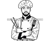 Chef Dress Holding Spatula Boy Beard Mustache Folded Hands Wearing Hat Black And White Vector SVG JPG PNG Clipart Cricut Silhouette Cut Cutting