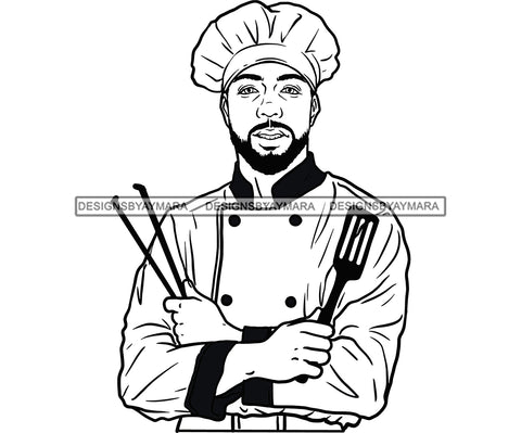 Chef Dress Holding Spatula Boy Beard Mustache Folded Hands Wearing Hat Black And White Vector SVG JPG PNG Clipart Cricut Silhouette Cut Cutting