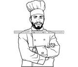Smiling Chef Dress Boy Beard Mustache Folded Hands Wearing Hat Watch Black And White Vector SVG JPG PNG Clipart Cricut Silhouette Cut Cutting