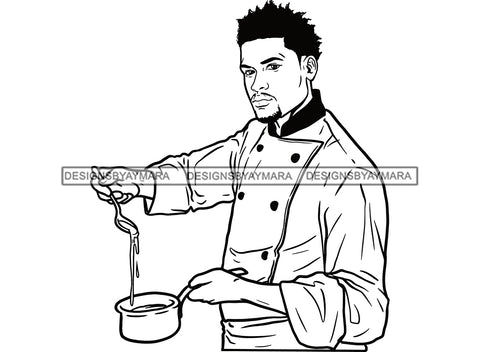 Chef Dress Boy French Beard Mustache Holding Spoon Pouring Liquid In Sauce Pan Wearing Hat Black And White Vector SVG JPG PNG Clipart Cricut Silhouette Cut Cutting