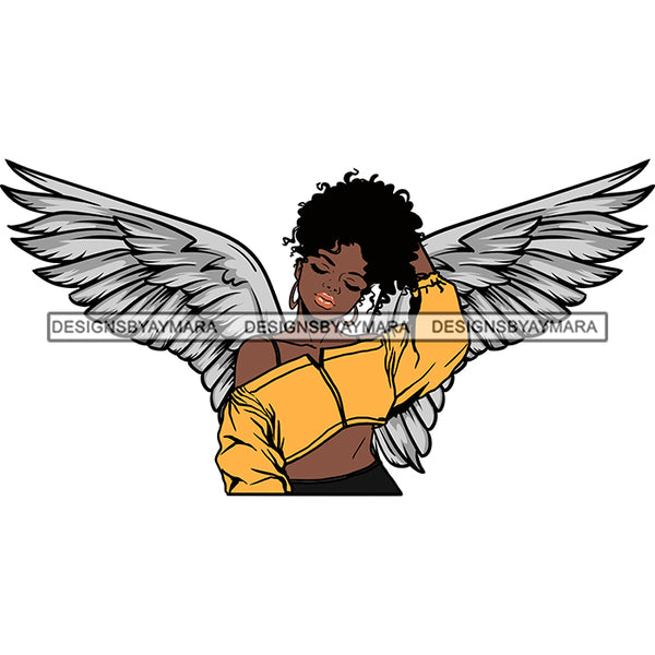 Black Goddess Angel Angelic Wings Off Shoulder Yellow Top Style Messy Updo Hairstyle SVG JPG PNG Vector Clipart Cricut Silhouette Cut Cutting