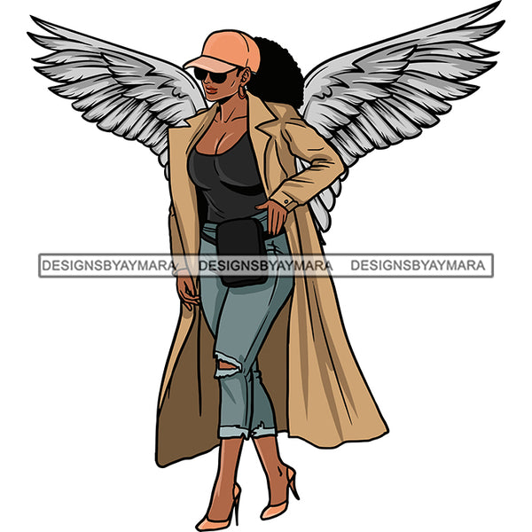 Black Goddess Angel Wings Sunglasses Baseball Cap High Heels Long Coat Fashionable SVG JPG PNG Vector Clipart Cricut Silhouette Cut Cutting