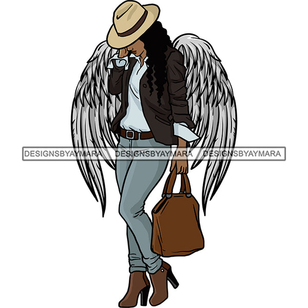 Black Goddess Angel Wings Brown Tote Bag Jeans Jacket Boots Hat Fashion Style SVG JPG PNG Vector Clipart Cricut Silhouette Cut Cutting